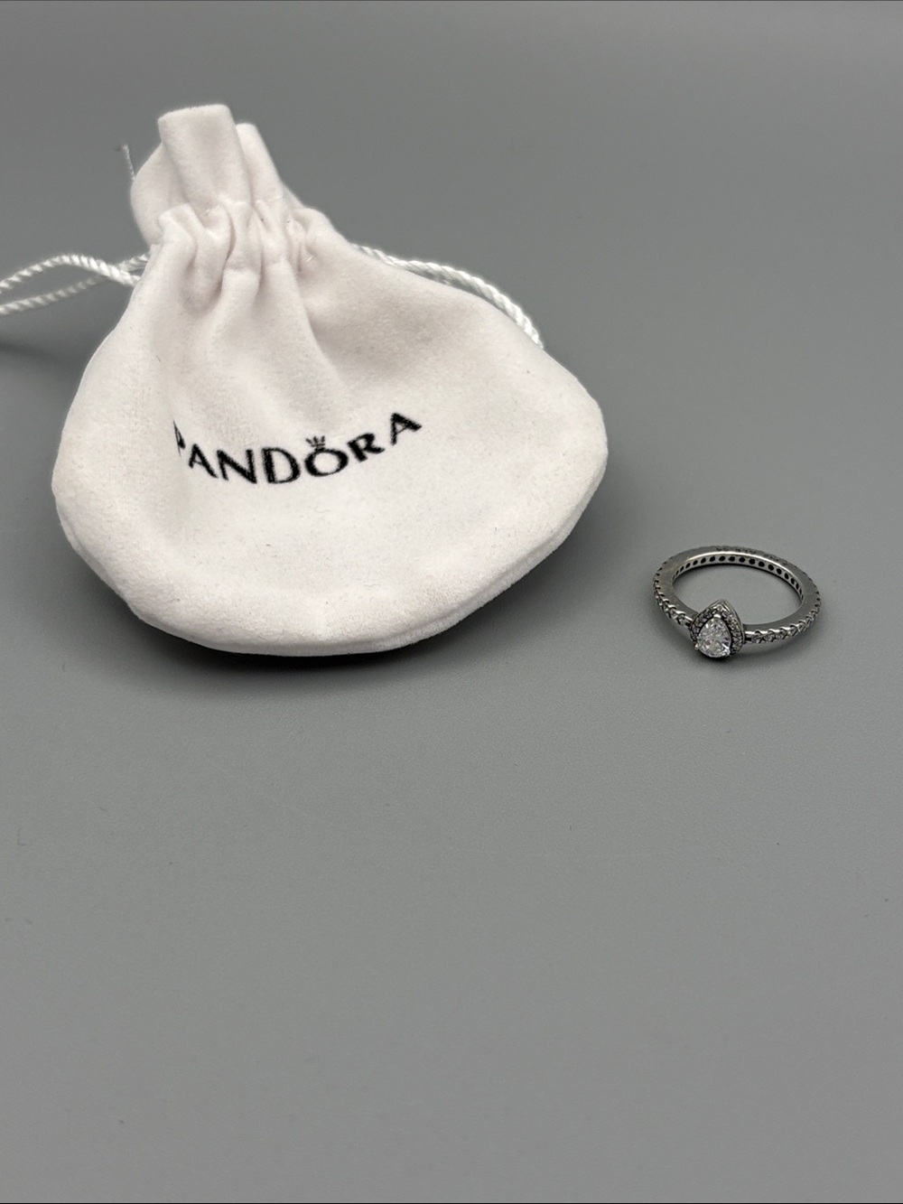 Pandora Silver Teardrop Cubic Zirconia Ring with White Pouch